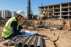 מהנדס בוחן דגימות קרקע באתר בנייה לצורך סקר קרקע ותכנון יסודות לפרויקט נדל"ן